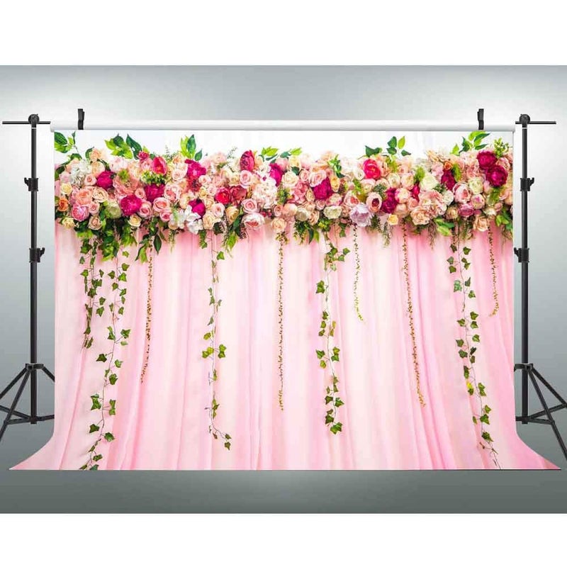EOA 7(W) x5(H) FT Pink Curtain Floral Photography Backdrop Wedding Bridal Girl Baby Shower Background - Great for Birthday, Studio, Booth, Party, Events, Portrait Use Photoshoot Props - Image 1